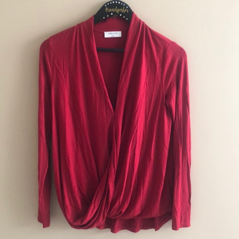 Babaton Red Mehmet Drape Front Crossover Top Long Sleeve Blouse